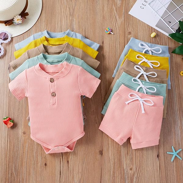 LEDY CHAMPSWIIN SUMMER NEWBORN BABY BOY GIRL CLOTHES SET RIBBED OUTFITS UNISEX INFANT SOLID SHORT SLEEVE TOPS SHORTS 2PCS