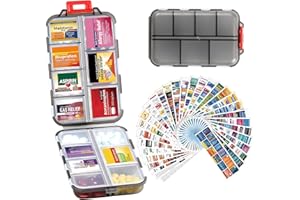 Travel Pill Organizer, 14 Grids Medicine Organizer with 415 Labels 14 Date Label and 14 Blank Labels, Weekly Pill Box Contain