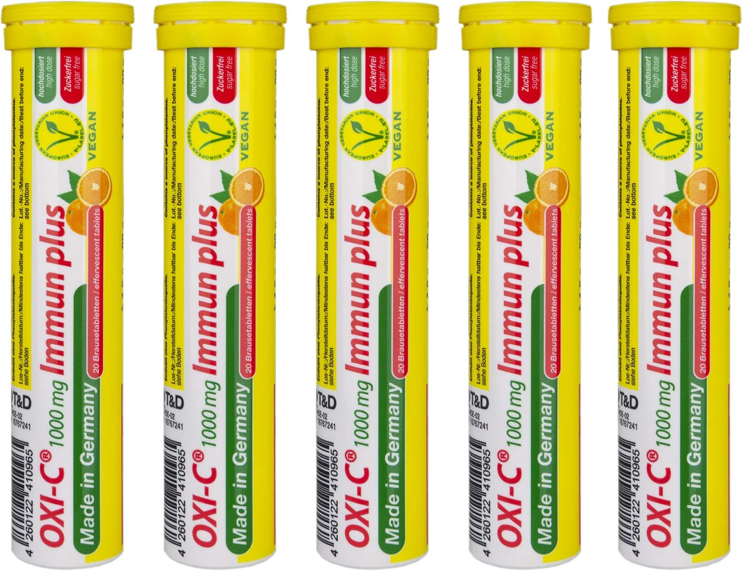 Vitamin C 1000 mg - 5 x 20 effervescent Tablets - Orange Flavour - Vegan - T&D Pharma Oxi-C Immun Plus - Made in Germany