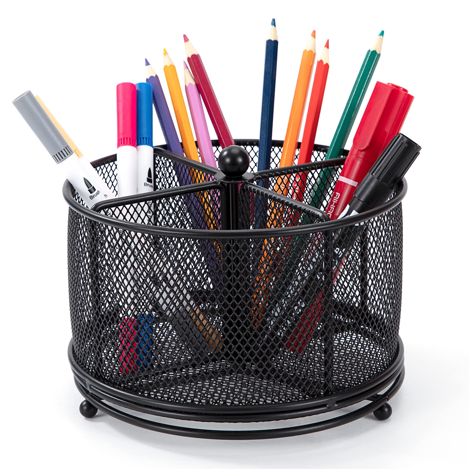 Johotone Rotating Pencil Holder Multifunctional Mesh Desk Organizer 360 Degree Rotating 4 Grid Desktop Stationary Organizer for Home Office Art Supply Black
