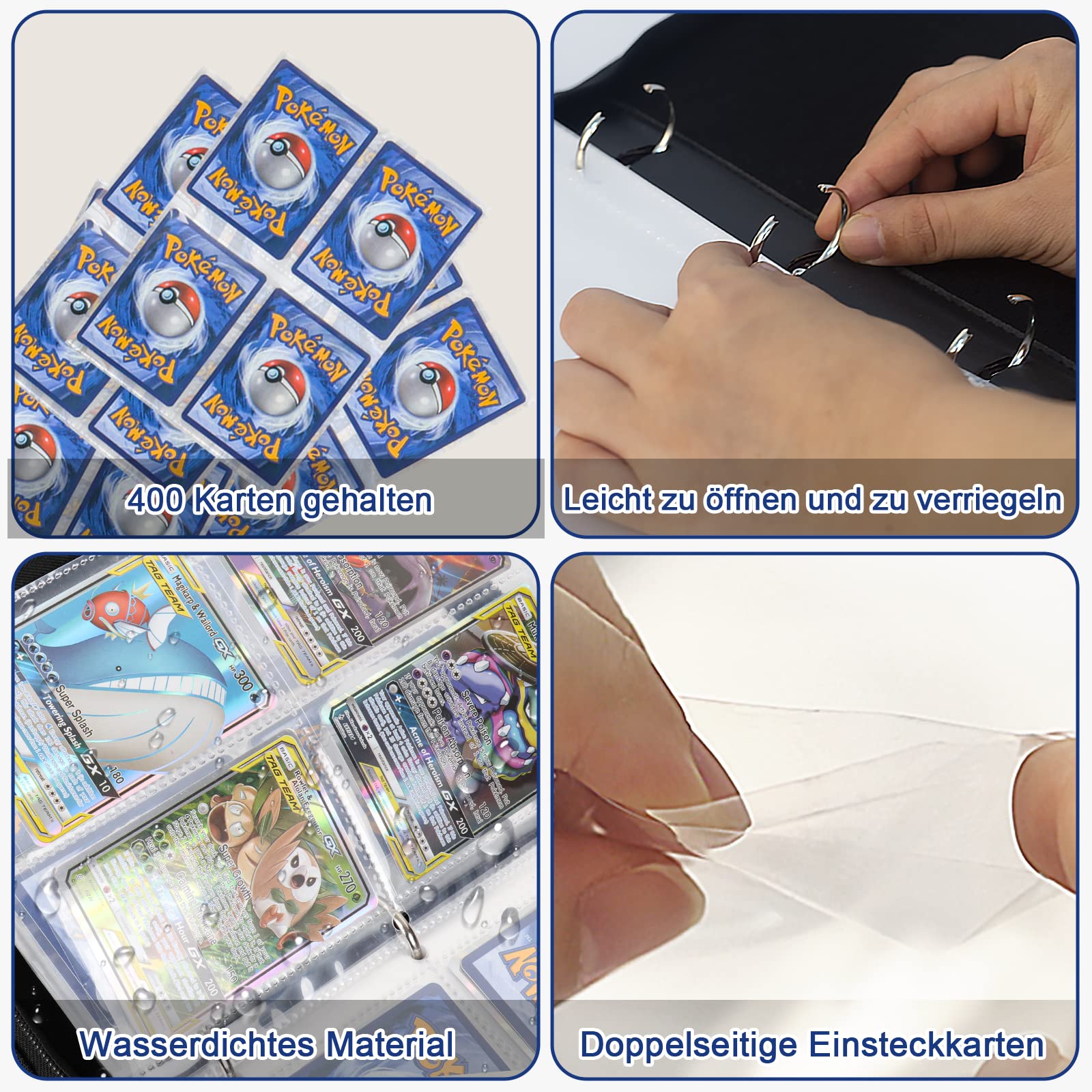Sammelalbum für Pokemon,Karten Sammelalbum Passt für 400 Karten mit 50 Abnehmbaren Hüllen, PU-Material mit wasserdichter Oberfläche, Album Heft binder für Pokemon Karten 50 Pcs Seite 4