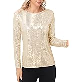 Anna-Kaci Women's Long Sleeve Sequin Crew Neck Top Sparkly Party Blouse with Lined Interior