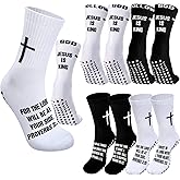 Jamntower 4 Pairs Cross Grip Soccer Socks with Bible Verse Anti Slip Religious Jesus Christian Football Sock with Rubber Dots