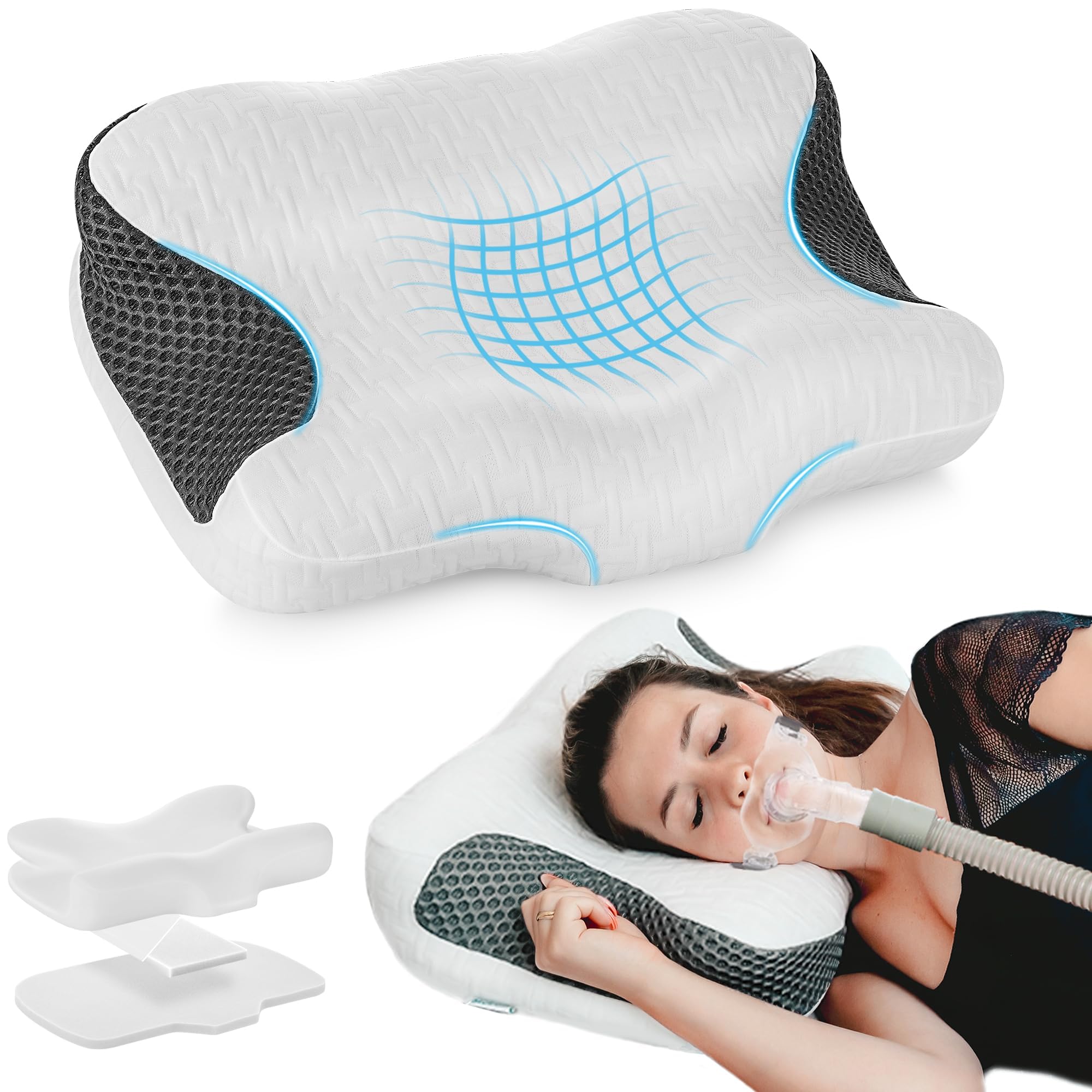 Photo 1 of Elviros Cervical Neck CPAP Pillow for Sleeping, Ergonomic Adjustable Height Neck Support Memory Foam Bed Pillow for CPAP Users with Sleep Apnea, Suitable for Side and Back Sleepers