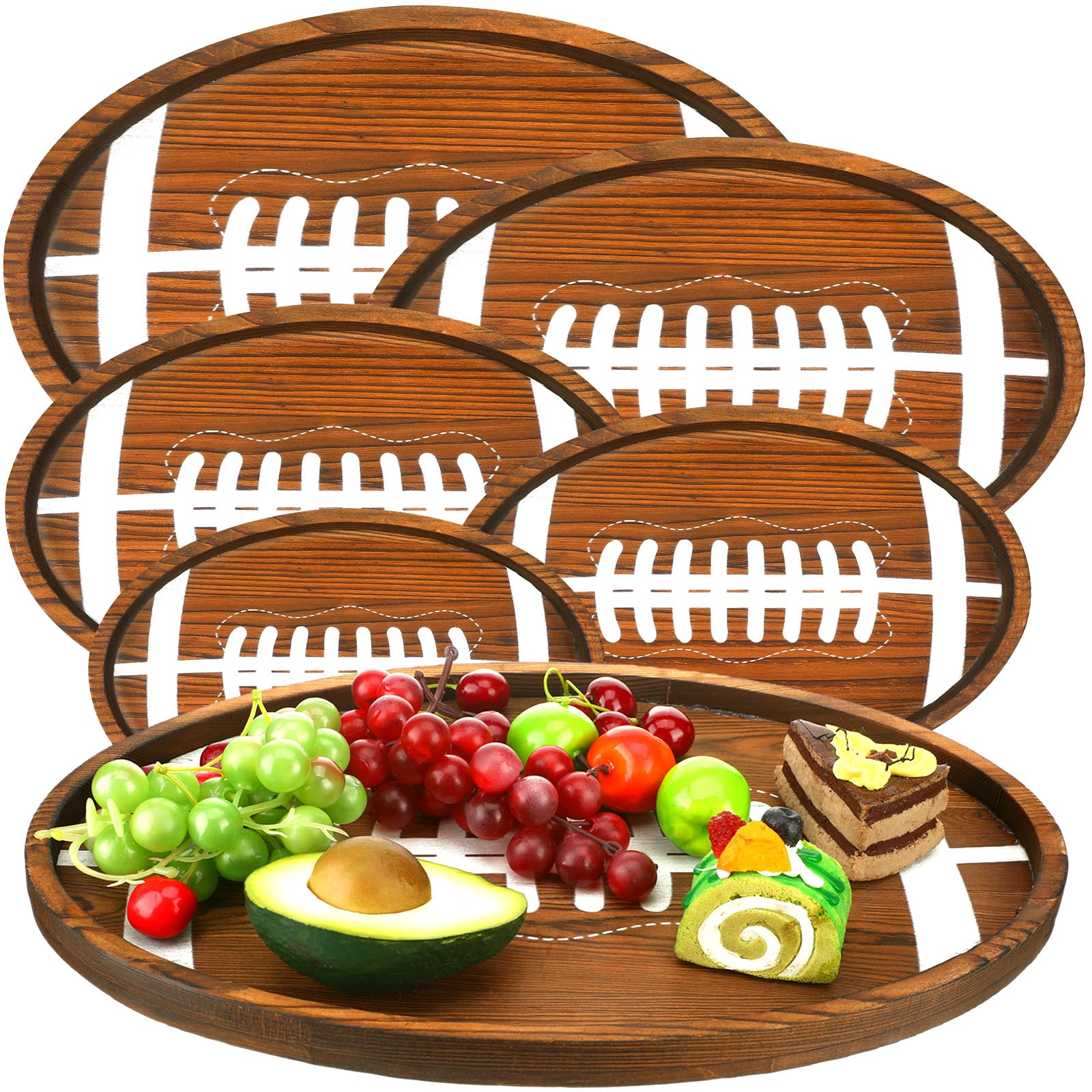 Photo 1 of Nitial 5 Pcs Football Serving Trays Wooden Football Shaped Plates Snack Trays Serveware Tailgate Party Serving Platter for Game Party Decorations, 5 Sizes