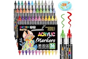 BETEM Acrylic Paint Markers Paint Pens, 36 Colors Dual Tip Direct Liquid Acrylic Markers with Automatic Ink Control System, Fine & Brush Tip Art Supplies for Rock Painting, Wood, Stone, Fabrics, DIY Craft