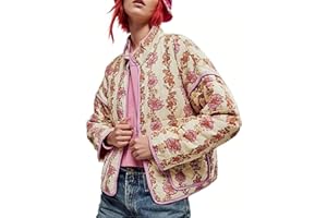 Aimiray Women's Cropped Floral Puffer Jacket Cardigan Printed Lightweight Open Front Padded Quilted Coats