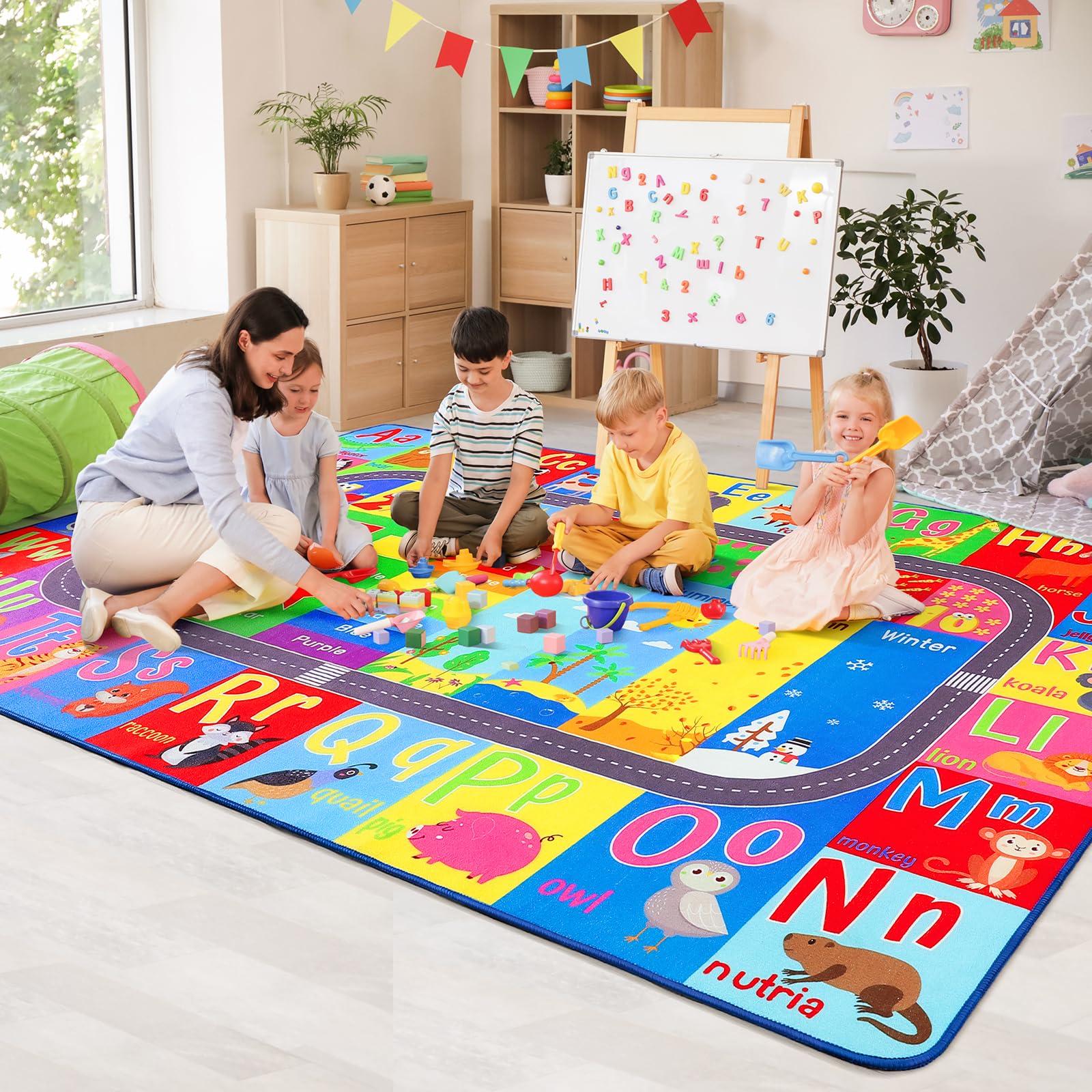 HOMORE Kids Educational Rug, 8x10 Kids Collection Area Rug for Learning Alphabet, Numbers, Colors, Season and Animal Words, Playmat for Classroom Playroom Image