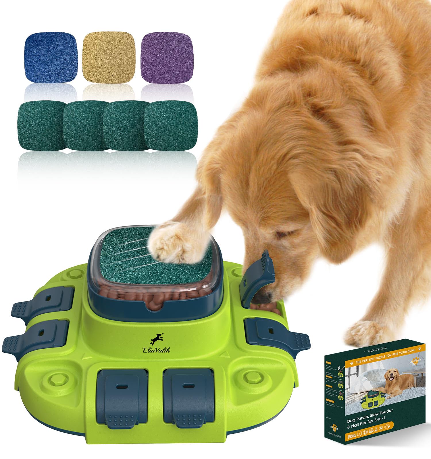 EliaValth Interactive Dog Toys, Dog Enrichment Toys for Mental Stimulation, 3-in-1 Puzzle with 2 Levels, Slow Feeder Bowls & Nail File, Scratch Board for Nails, Green