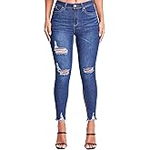 YMI Womens YMI Women's Junior Wannabettabutt Repreve Mid-Rise Ankle Jeans with Frayed Hem