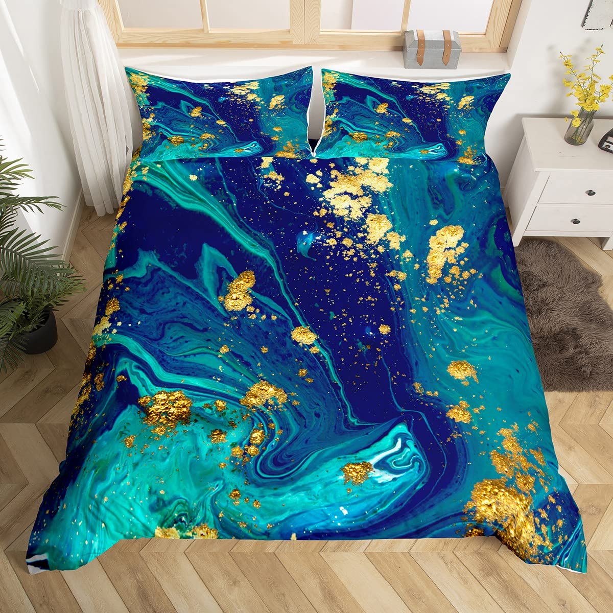 Marble Duvet Cover Set King Size, Blue Green Gold Marbling Comforter Cover with 2 Pillowcases, Abstract Stone Texture Bedding Set 3pcs for Kids Girls Room Decor Lightweight Bedspread Cover โ image 1