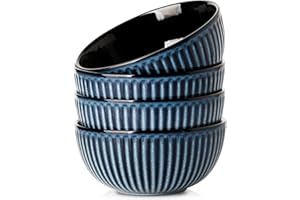Hasense Large Ceramic Serving Bowls 42 Oz - 7 Inch Salad Bowl Set of 4 for Kitchen,Modern Ribbed Porcelain Dishes for Enterta