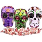 Day of the Dead Sugar Skull Halloween Tins with Candy Rolls, Pack of 3 | Trick or Treat Favors, Skeleton, Reusable Containers, Decorations, Dia de los Muertos