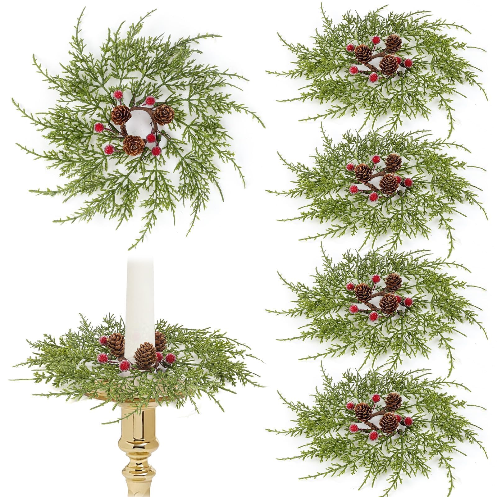 Photo 1 of 6 PCS Christmas Pine Taper Candle Rings Wreaths 1.38" Mini Norfolk Pine Taper Candle Holder Wreaths Candle Rings with Berry Pinecones for Xmas Holiday Church Home Table Centerpiece Candlesticks Decor