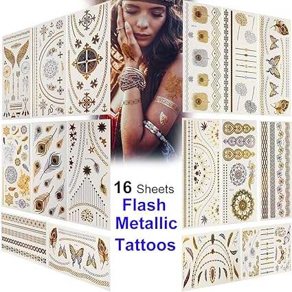 Temporäre Tattoos, Aiskki 16 Blätter Temporäre Klebe-Tattoos, Metallic Flash Tattoos in Gold und Silber Temporäre Tätowierung