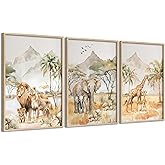 Safari Animals Nursery Wall Art Woodland Animals Nursery Wall Decor Cute Giraffe Elephant Lion Picture Painting Tropical Savanna Poster Print Artwork for Baby Room Boy Room Kids Room Decoration