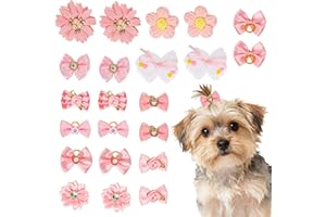 RAORAOYUE 20pcs Light Pink Small Dog Hair Bows, Bulk with Rubber Bands Elastic Lace Rhinestone Pearls Hair Ties, Topknot Flow
