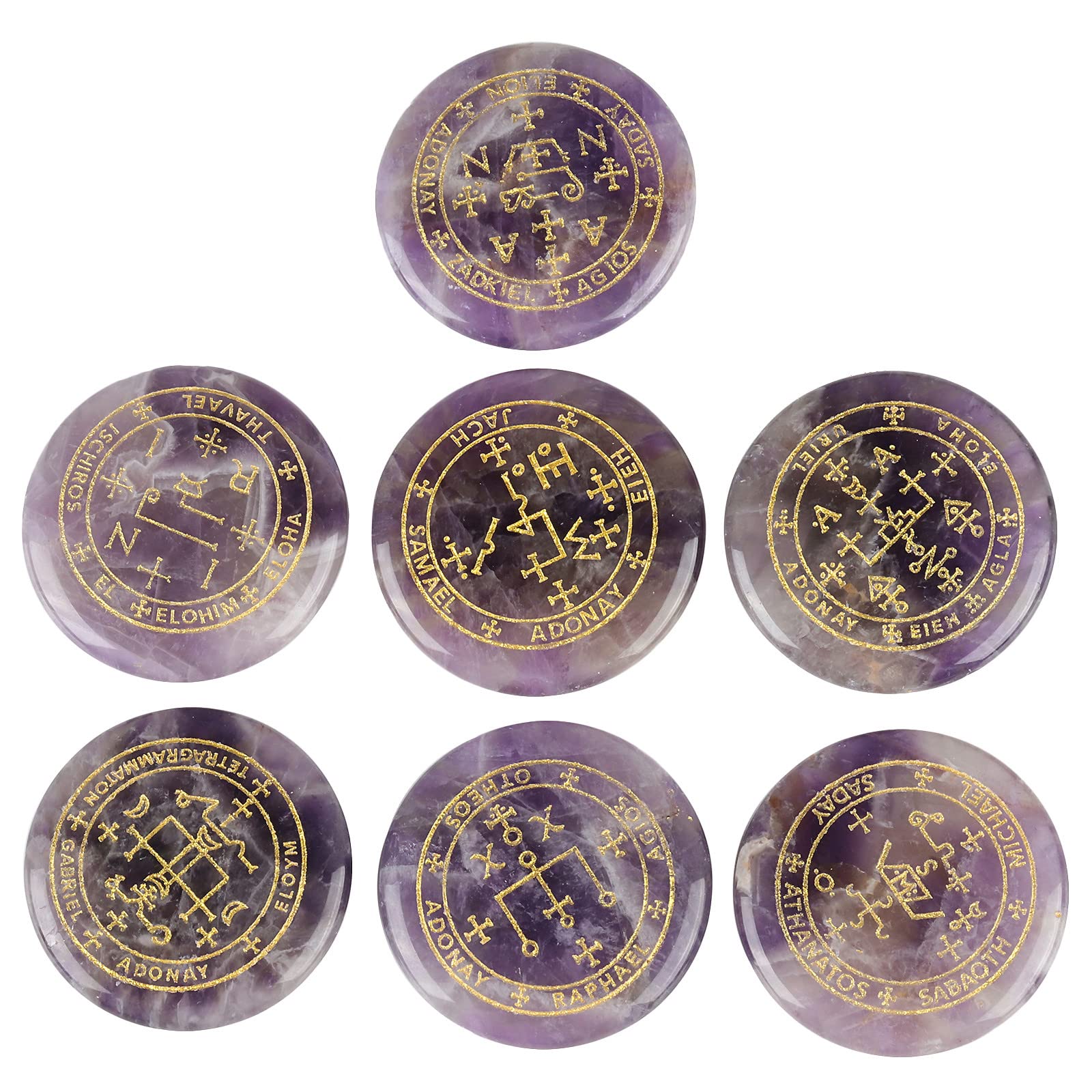 mookaitedecor 7pcs Amethyst Crystals Healing Crystal Grid Set with Engraved Magic Archangel Sigils Symbols for Meditation Pocket Worry Palm Stones Spiritual Crystal Set Witchcraft Witch Gifts Decor