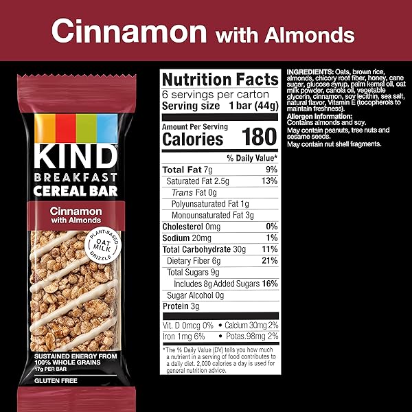 KIND BREAKFAST CEREAL BARS, CINNAMON WITH ALMONDS, HEALTHY SNACKS, GLUTEN FREE, 100% WHOLE GRAINS, 3G PROTEIN, 6 COUNT