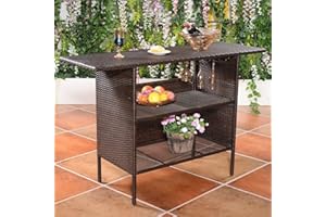 JUBOO SPSUPE Outdoor Patio Rattan Bar Table, Wicker Bar Counter Table with 2 Steel Shelves and 2 Sets of Rails, 55.1"X 18.5"X 36.2" (L x W x H), Ideal for Garden, Backyard and Pool Side, Brown