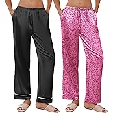 Ekouaer 2 Pack Women Silk Satin Pajamas Pants Wide Leg Comfy Lounge Pants Loose Elastic Waist Pj Bottoms with Pockets Black and Pink Leopard XL