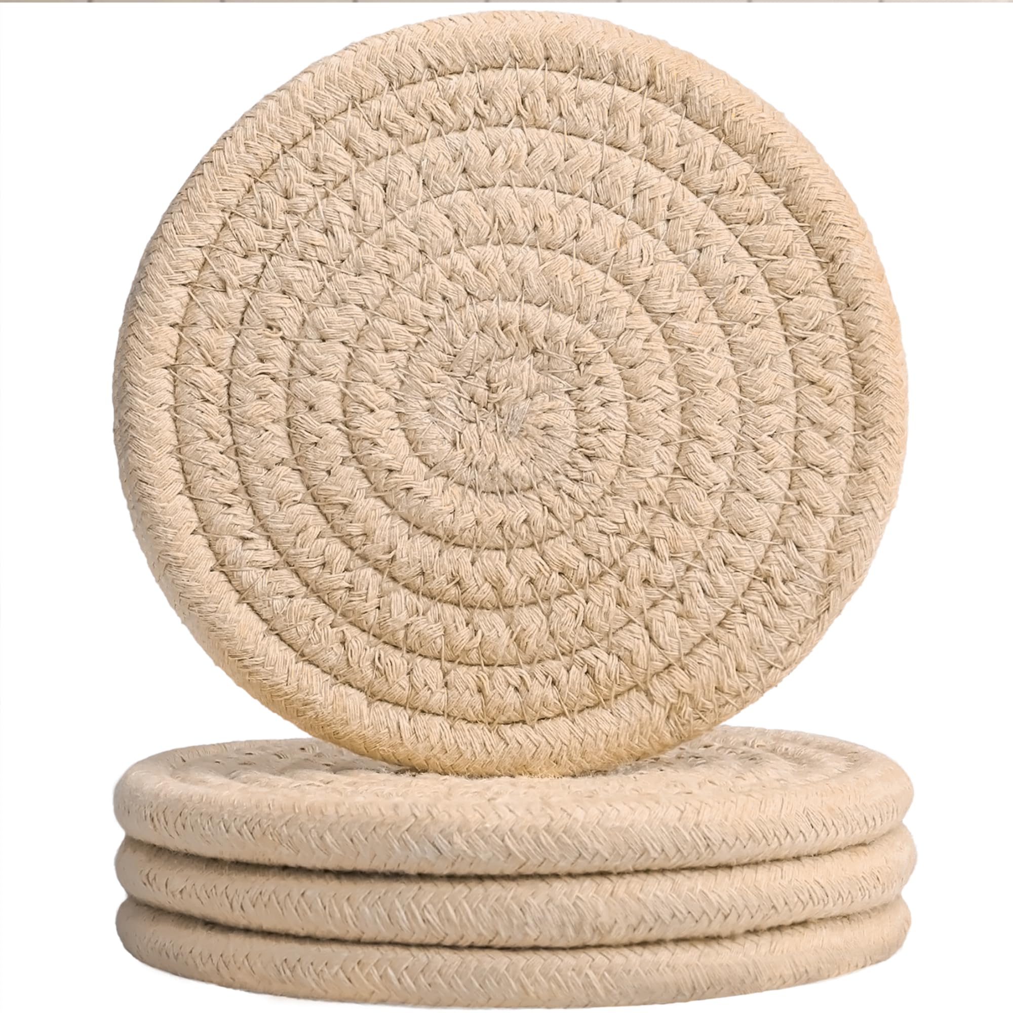 Photo 1 of 4PC Oversized Drink Coasters Set of 4, Large Woven Cotton Coasters, Boho Neutral Absorbent Handmade Coaster, Table and Desk Decor Posavasos for Coffee Cups with giftbox (Light Khaki)