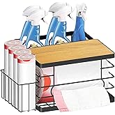 Feviswheay Trash Bag Dispenser Holder Under Sink, 3-in-1 Sturdy Metal Garbage Bag Organizer & Storage with Bamboo Lid, Fits Costco Large Capacity Rolls for Kitchen, Pantry, Laundry Room