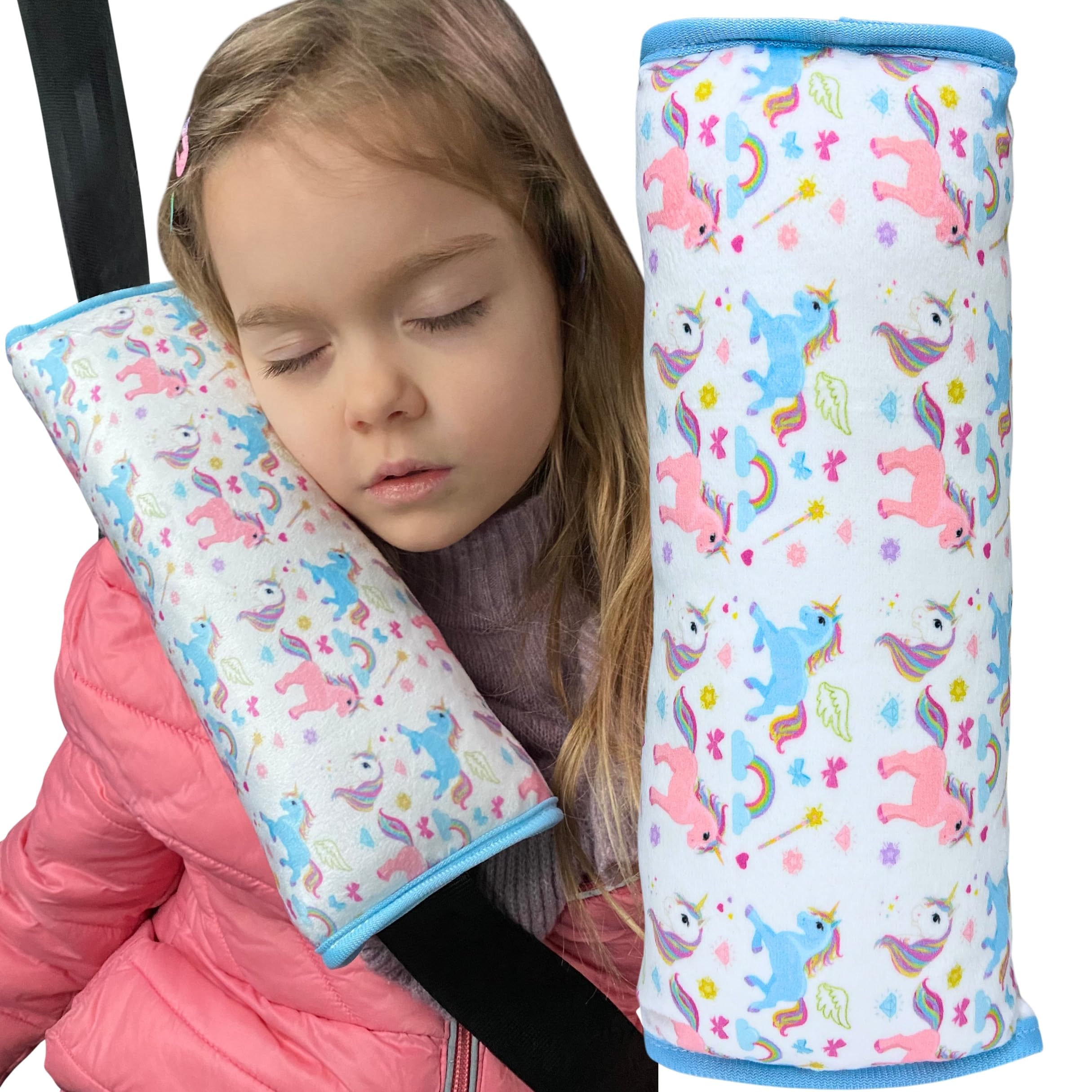 HECKBO magic unicorn car seatbelt pillow for children - machine washable - girl boy kids children soft car seat belt cover sleeping pillows protection car travel pillow cushion vacation