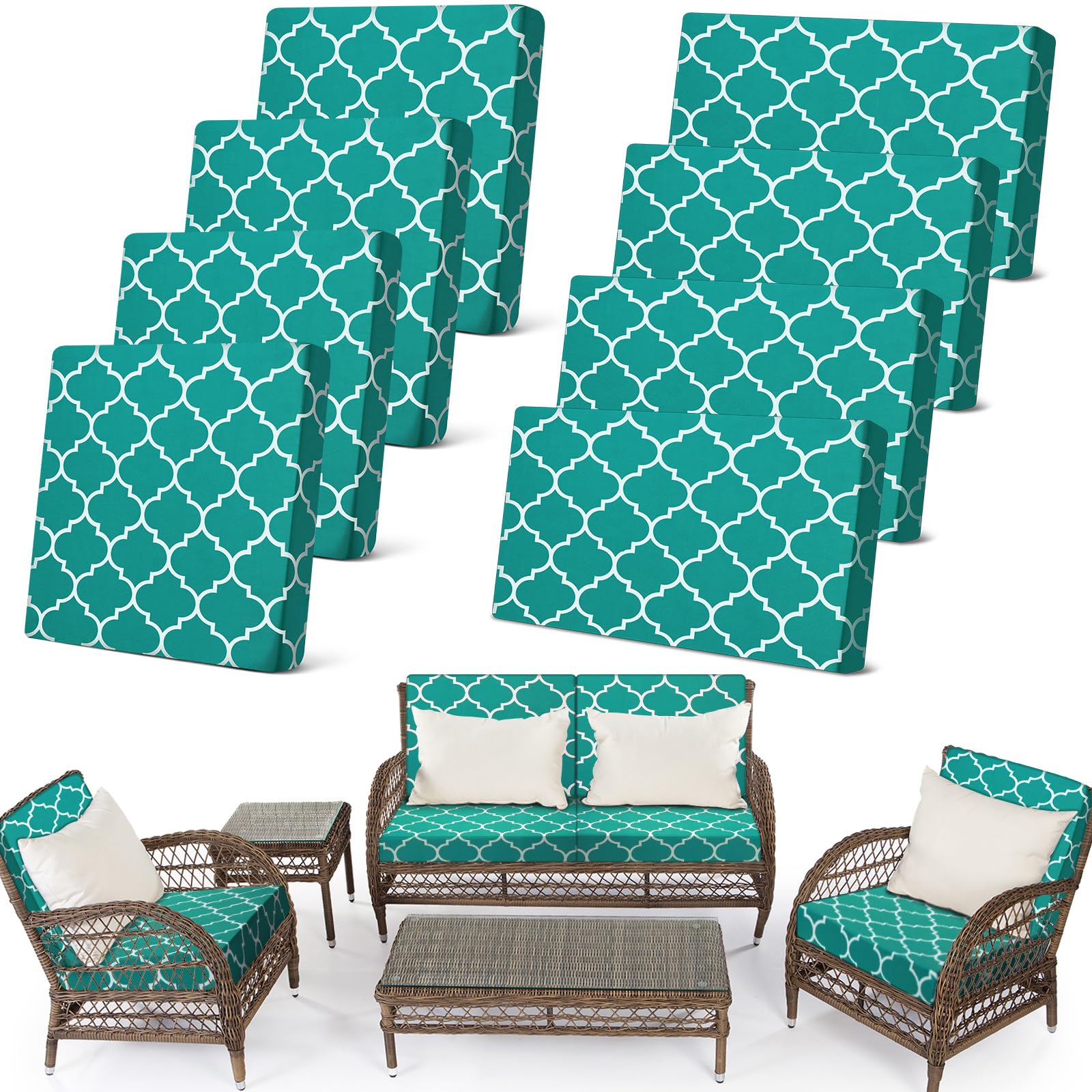 Photo 1 of Newwiee 8 Pcs Stretch Patio Outdoor Cushion Covers Waterproof Replacement Sofa Couch Covers for 4 Backrests and 4 Cushions Washable Lawn Garden Seat Furniture Protector(Peacock Blue)