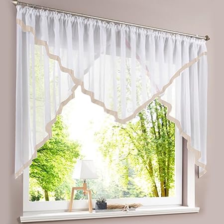 HongYa Kuvertstore transparenter Voile Gardine mit Satinbänder Kräuselband Vorhang H/B 120/300 cm Sand