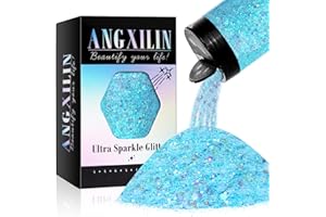 ANGXILIN Holographic Chunky Glitter, 190g/6.7oz Mixed Craft Glitter, Bulk Laser Sequin for Face Body Nail Art, Epoxy Resin Tumbler Jewelry Making (IRI Sky Blue)