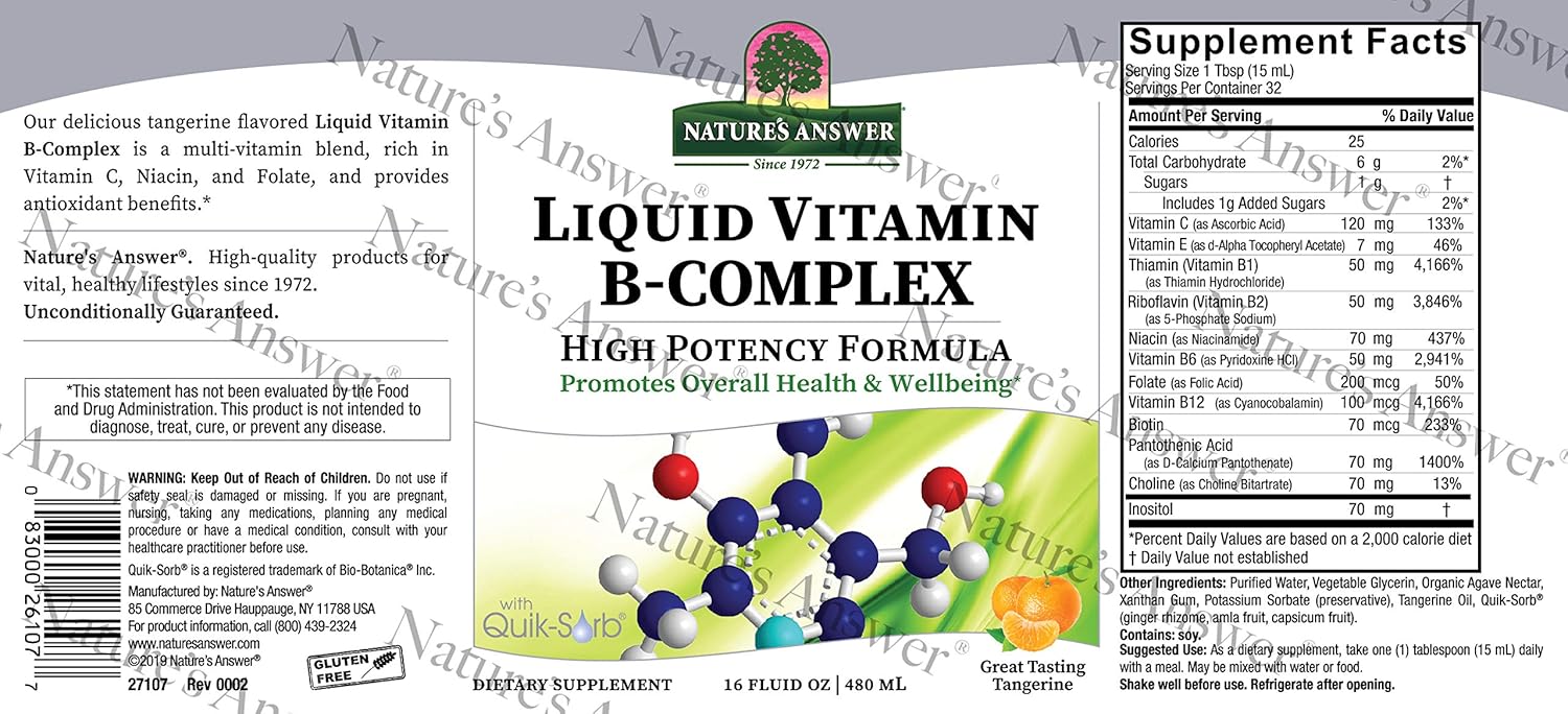 Nature's Answer Liquid Vitamin B-Complex Supports Healthy Energy Levels | Promotes Healthy Nerve Function | All-Natural Tangerine Flavor | Gluten-Free & Benzoate-Free 16oz: Health & Personal Care
