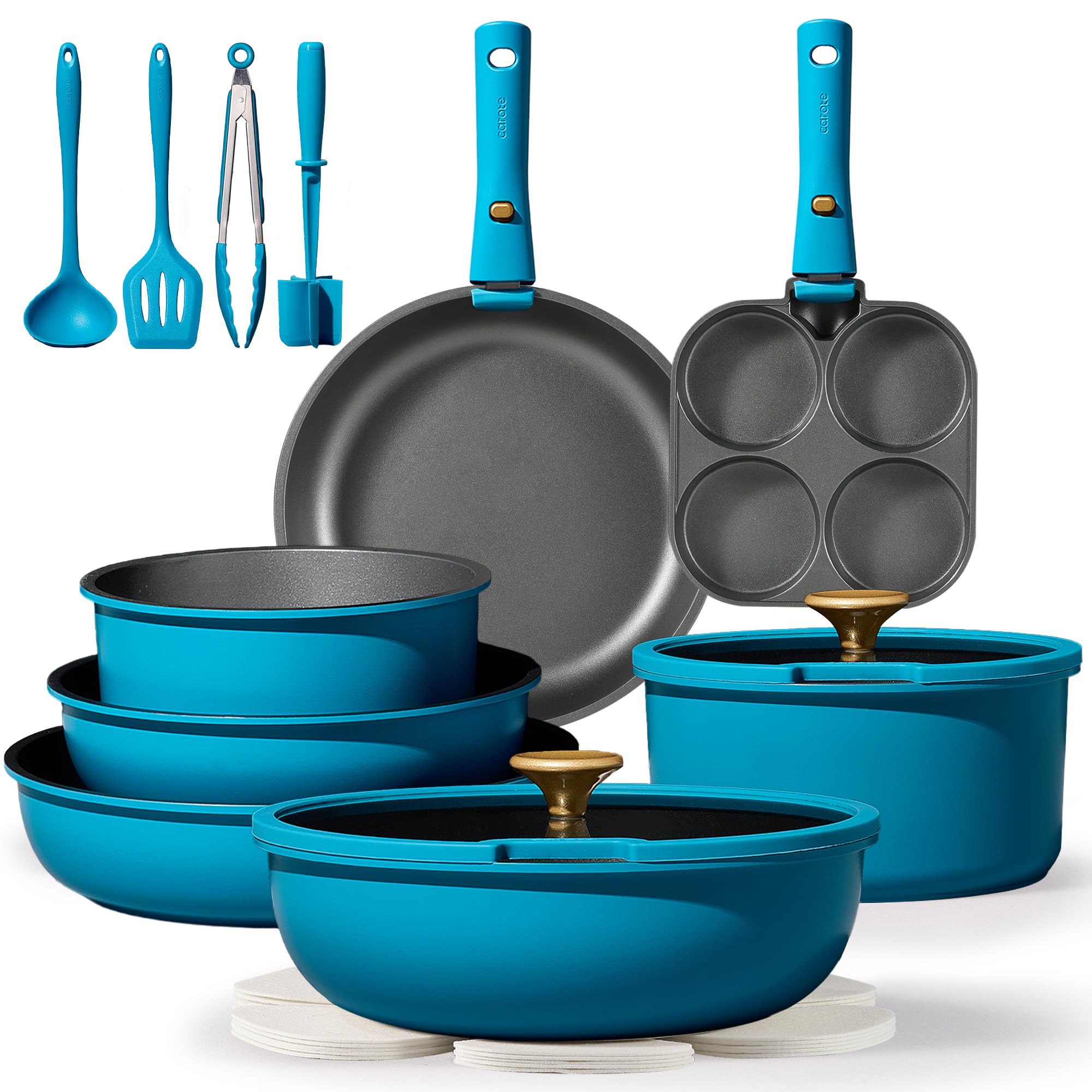 Photo 1 of **MISSING ONE HANDLE AND ONE SPATULA**CAROTE 21pcs Pots and Pans Set, Nonstick Cookware Set Detachable Handle, Induction Kitchen Cookware Sets Non Stick with Removable Handle, RV Cookware Set, Peacock Blue