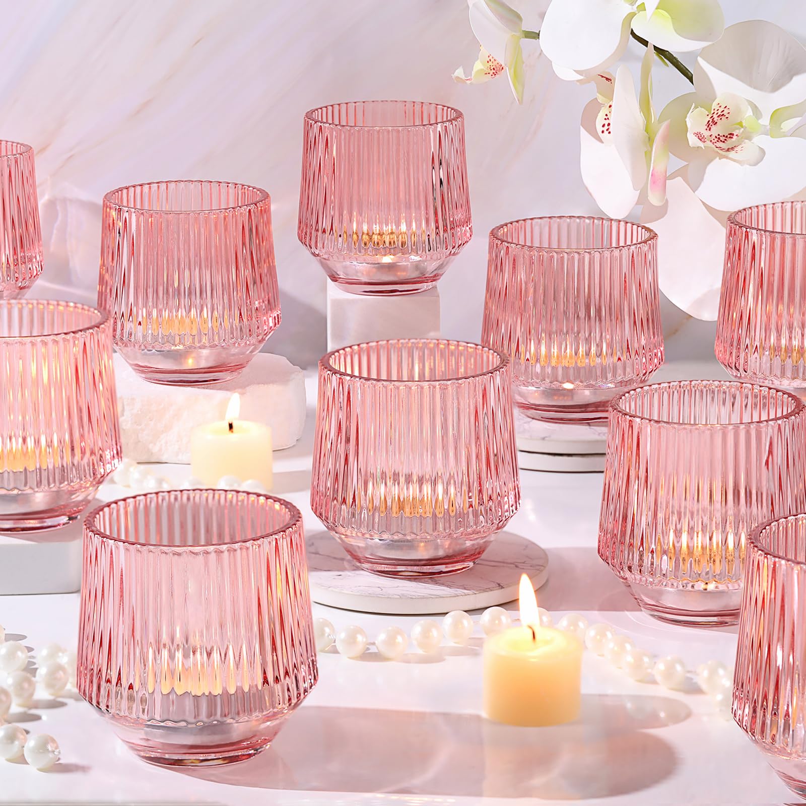Photo 1 of 12 Pcs Large Pink Candle Holder- 3.15"×3.15" Ribbed Pink Vorive Candle Holders for Pink Bridal Shower Decorations, Girl Baby Shower Decorations, Pink Glass Candle Holder for Table Centerpiece