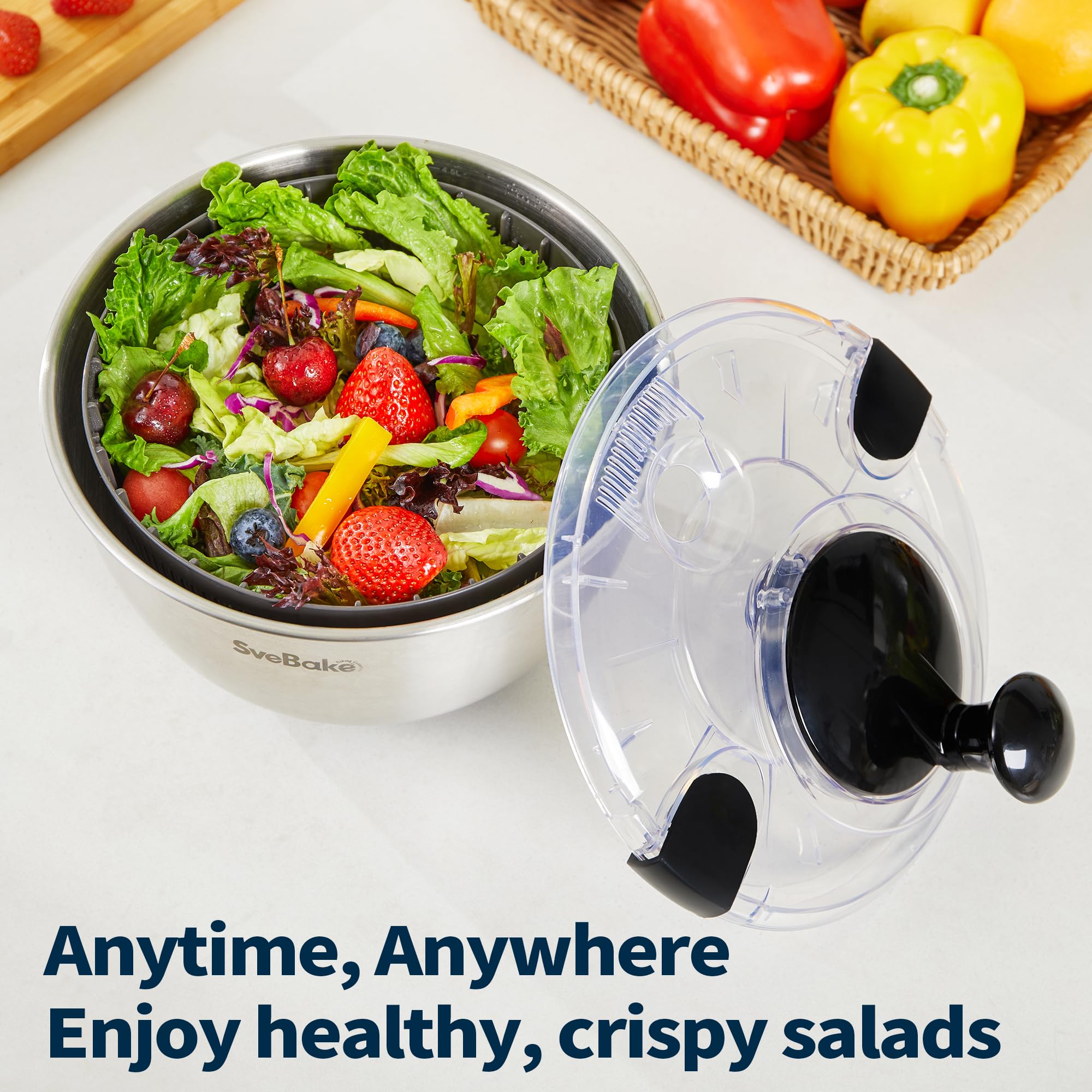 Stainless Steel Salad Spinner, 4.8 Qt Vegetable Washer, BPA-Free Lettuce Dryer with Crank Design, Dishwasher Safe, Non-Slip Base - Transparent Lid