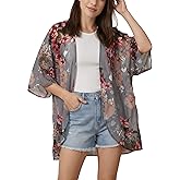 ANIMECOSER Women's Floral Print Chiffon Kimono Cardigan Loose Puff Sleeve Coverups Summer Beach Tops Cover up
