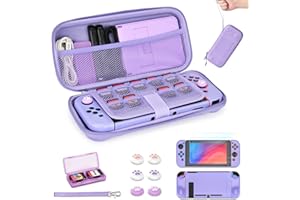 YK YOUNIK Younik Switch Case for Switch 2017, Portable Switch Carrying Case, 14 in 1 Accessories Kit with Switch Case, Cover, Screeen Protector, Thumb Grip Cap, Game Card Case and Strap (Purple, Button Pattern)
