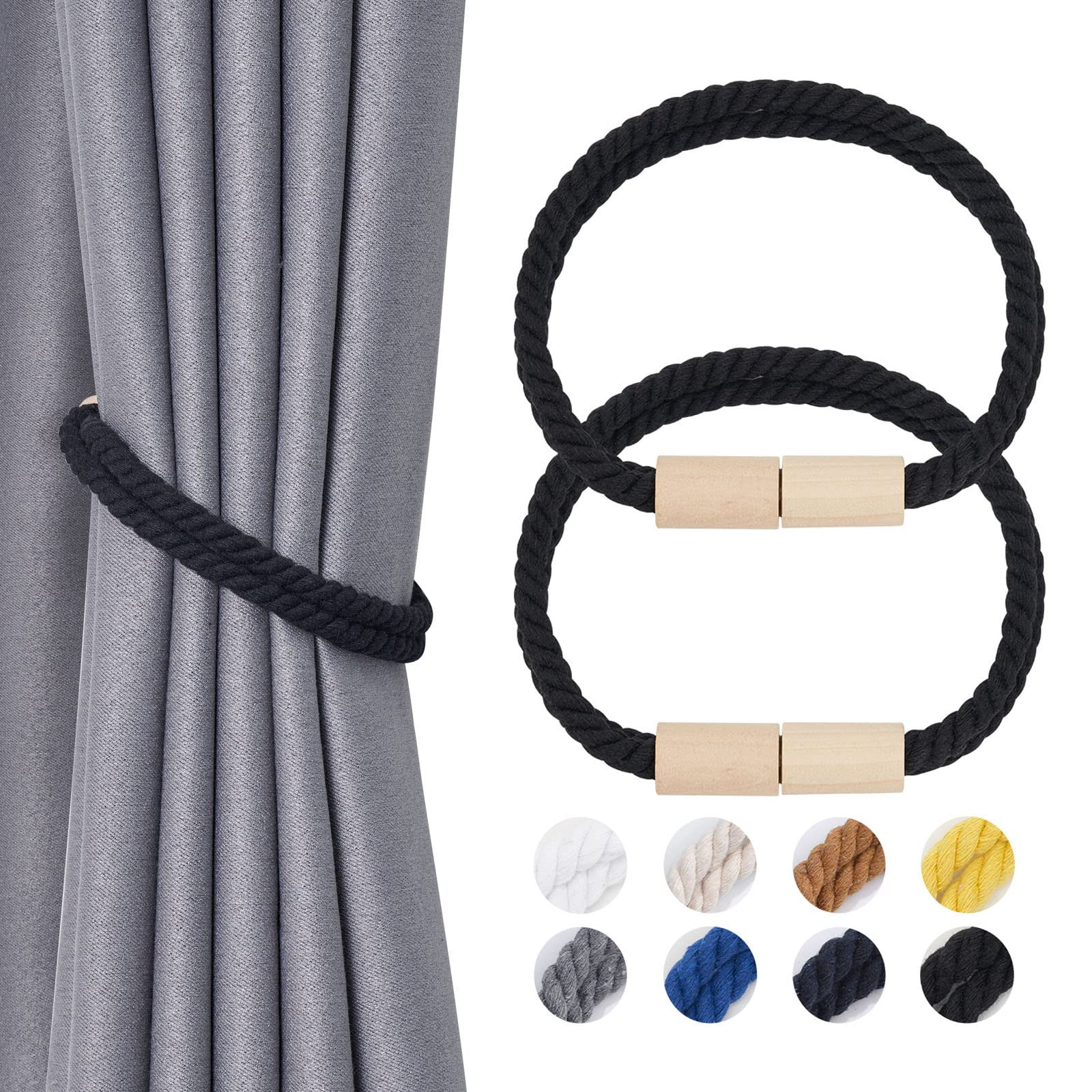 Pretty Jolly 2 Pack Wooden Magnetic Curtain Tiebacks Boho Decoration Drape Tie Backs Natural Cotton Handmade Double Rope Curtain Holdbacks for Thin & Thick Home & Office Window Drapery (New Black)
