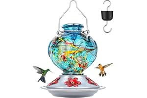 BOLITE Hummingbird Feeder, Hand Blown Glass Hummingbird Feeders for Outdoors Hanging, with Ant Moat and 5 Feeding Ports, 22 Ounces, Peony Flower Shape, Blue, Gifts for Women Men, Gifts for Mom Dad