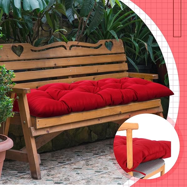 WENQIK OUTDOOR BENCH CUSHION 59 X 20 X 4 INCHES WATERPROOF OUTDOOR PORCH SWING CUSHION SOFT THICKEN CHAISE LOUNGE PAD WITH TIES FOR INDOOR GARDEN PATIO SEAT(RED,CLASSIC)
