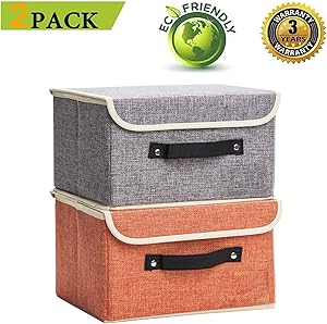 Small Storage Boxes 2 Pack Linen Collapsible Cube Set Washable Organizer Basket with Lid & Handle, Jane's Home Foldable Fabric Bins Containers for Clothes, Toys,Office, Nursery [UPGRADED]