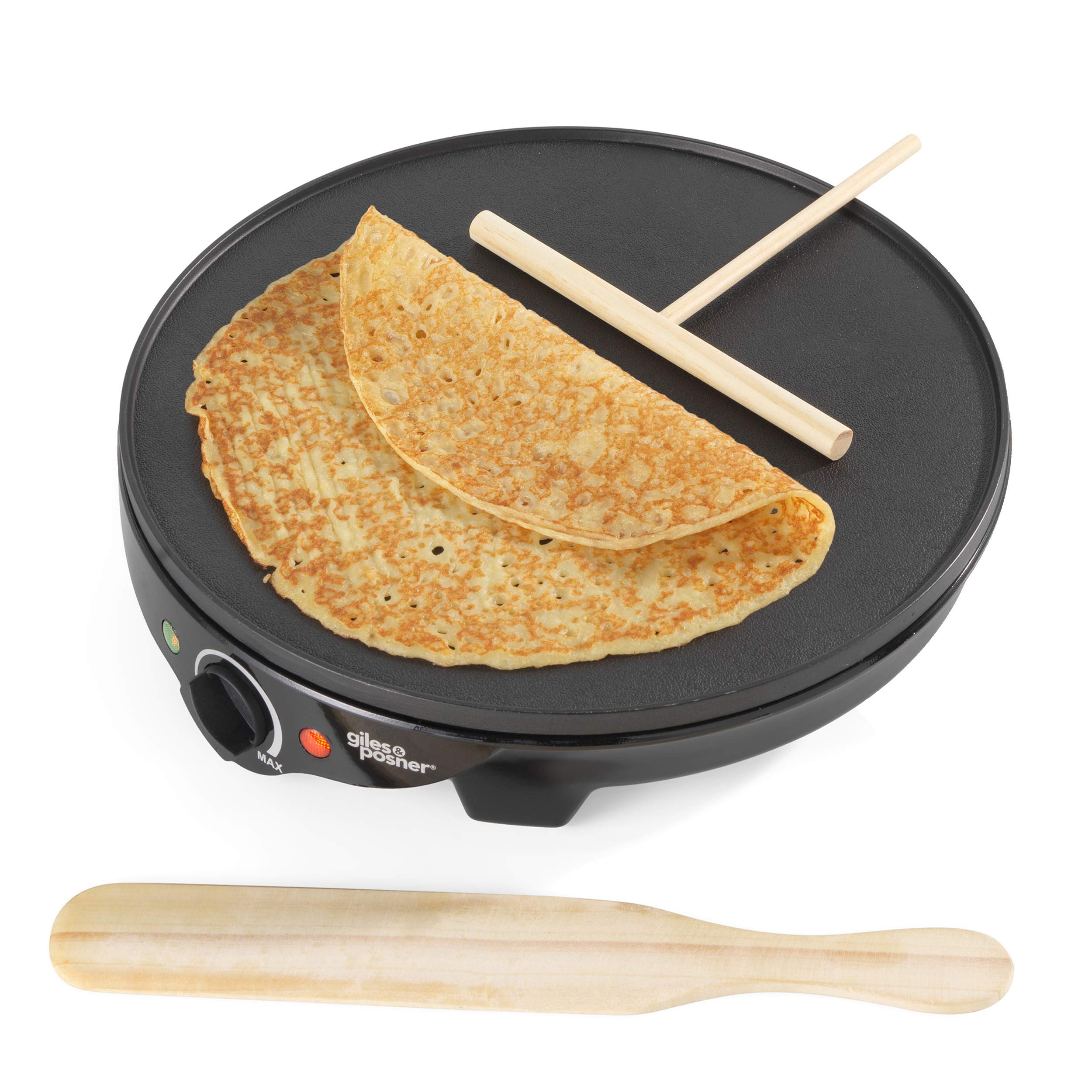Giles & Posner Electric Pancake Maker - Traditional French Crepes & Galettes, Large 30cm/12" Non-Stick Hot Plate, Adjustable Temperature Control, Includes Wooden Spreader & Spatula, 1300W