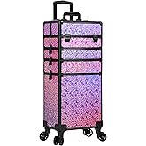 JINGUAN Profesional Rolling Makeup Train Case with Lid, 5 in 1 Cosmetology Case on Wheels, Large Cosmetic Trolley Organizer Travel for Hairstylist Artist Nail Beauty Salon Barber, Gravel Pink