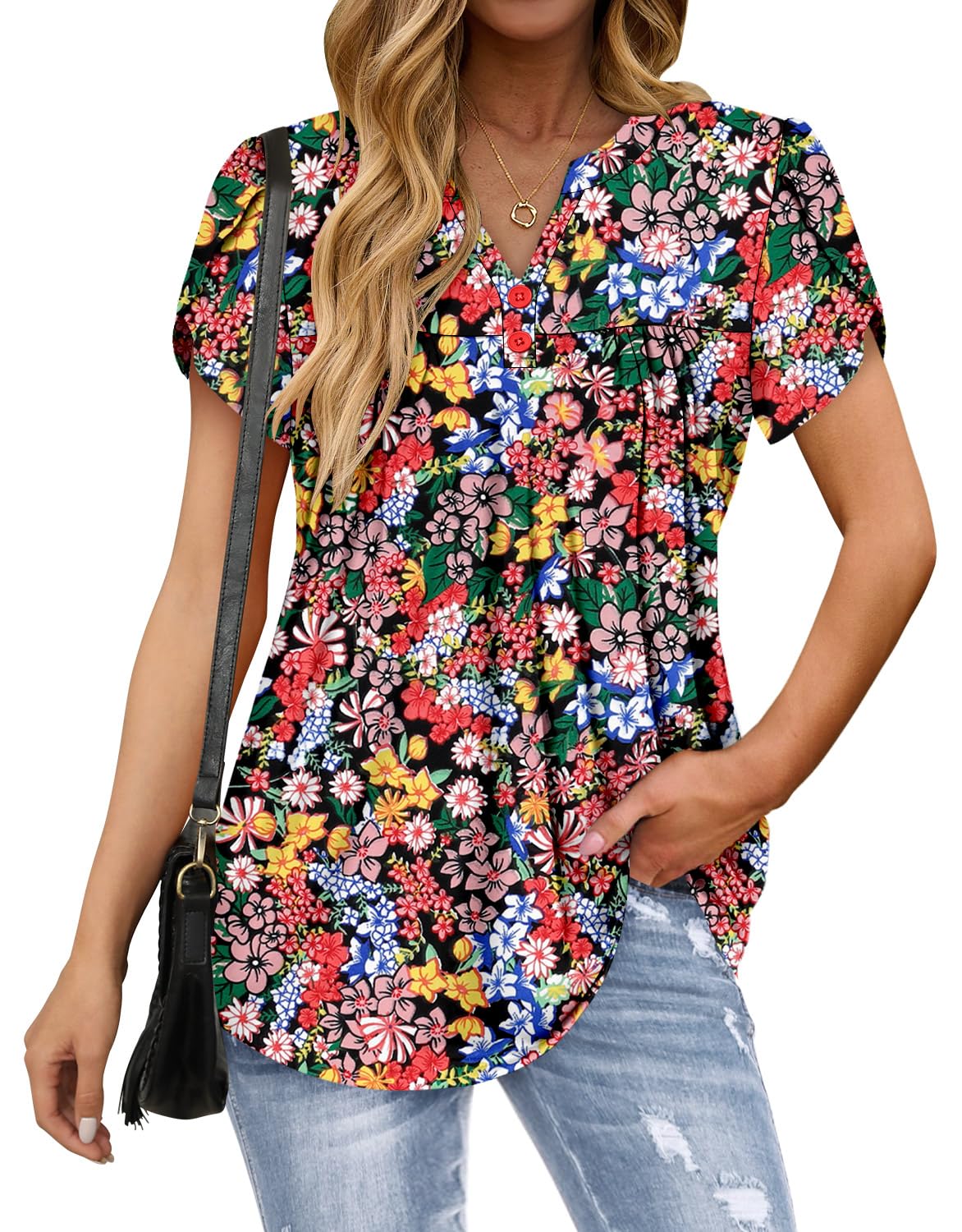 KISSMODA Womens Summer Short Sleeve V Neck Floral Shirts Tunic Tops ...