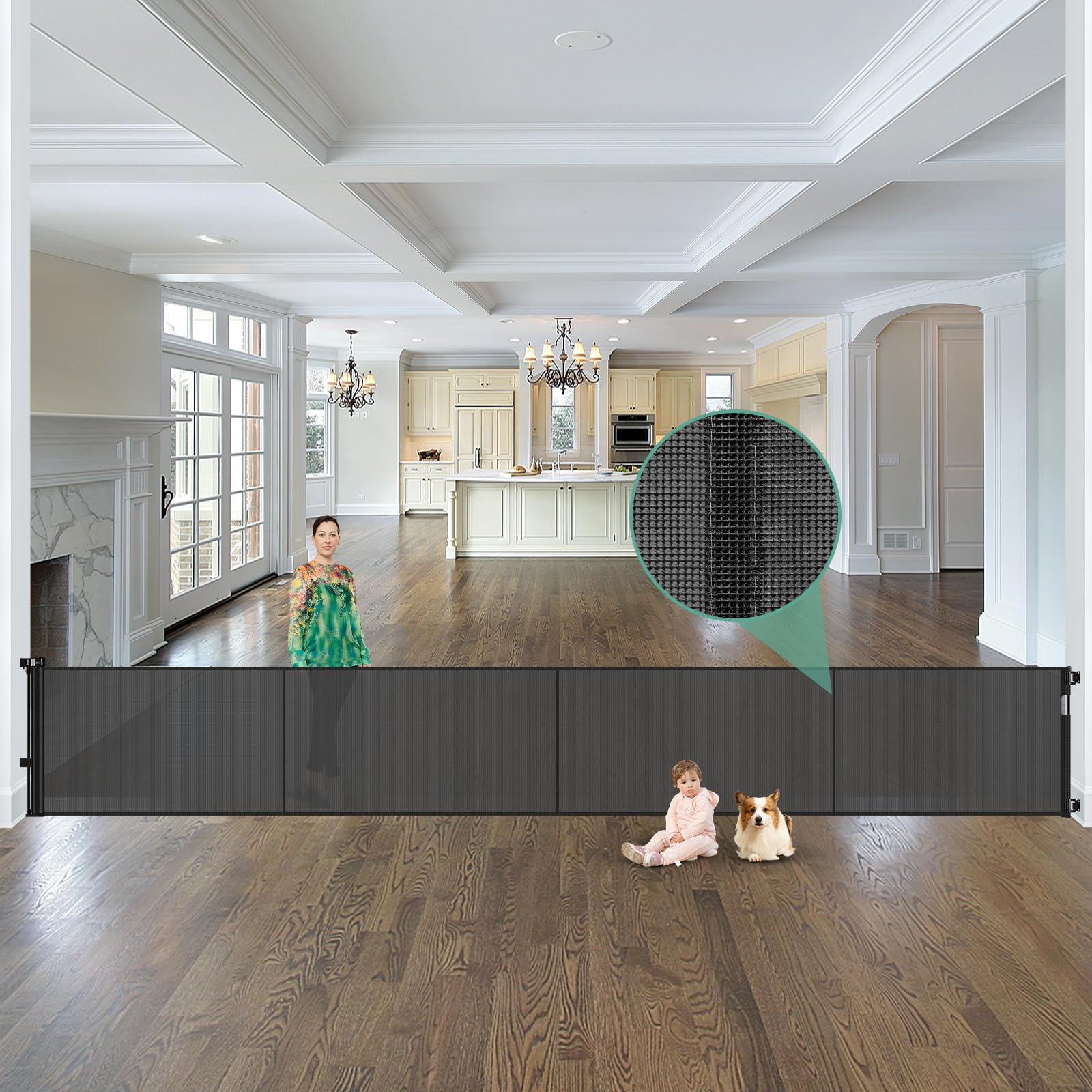 Photo 1 of Reinforced 195 Inch Retractable Baby Gates Extra Wide Dog Gate with Support Rods – Prevent Crawling Under, 16ft Wide Retractable Fence Outdoor Retractable Gate Indoor Long Gates for Kids or Pets/Black
