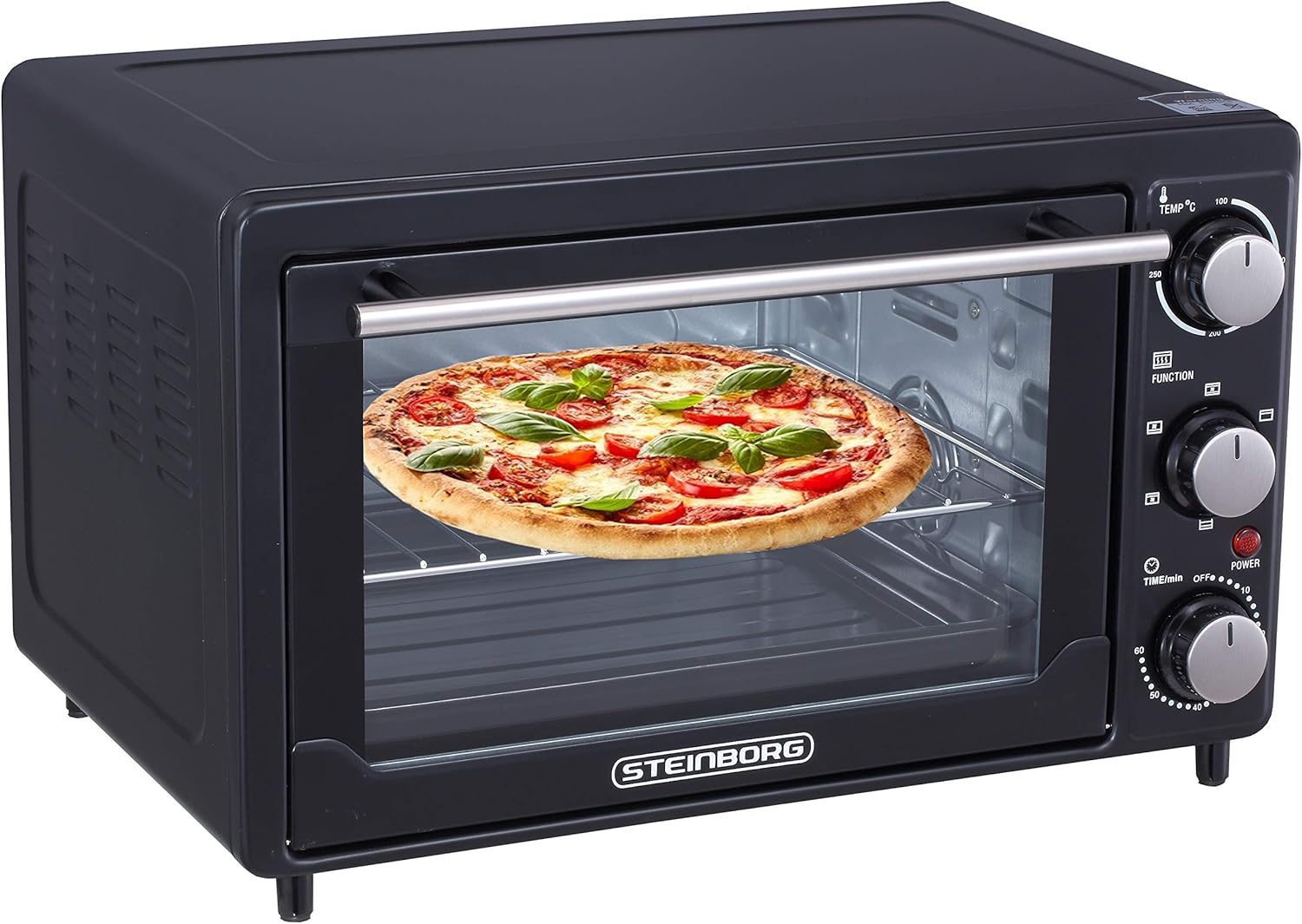 Mini Backofen 25 Liter | Pizza-Ofen | 3in1 Backofen | Minibackofen | Miniofen | Krümelblech | Ober-/Unterhitze | Konvektion | 60 minTimer | 1.600 Watt