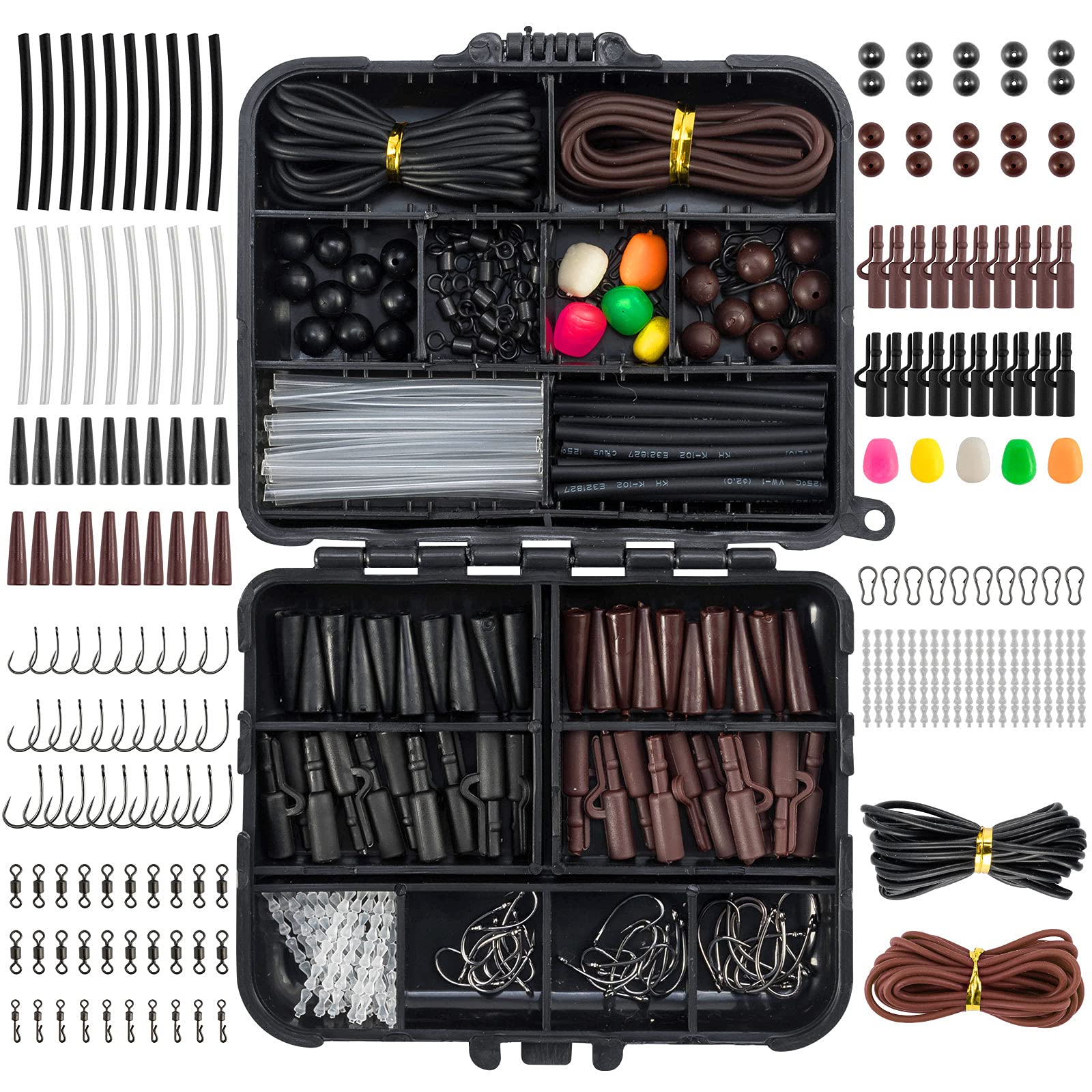Dr.Fish 278pcs Carp Fishing Rig Set Accessories in Box Clips Quick Change Swivel Links Shrink Tubes, Black Brown