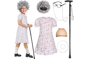 SIZGAROOT Old Lady Costume for Kids Girls 100 Days of School Costume with Accessories, Halloween Party Dress Up