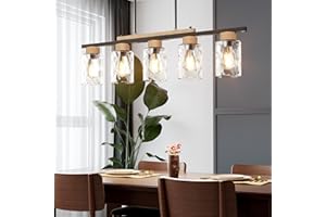 TADPOLE JUMP Island Light, Up-Grade Thickened Clear Glass 5-Light Dining Room Light Fixture with Adjustable Height, Farmhouse Linear Chandelier Over Table Kitchen Black Rustic Wood Ceiling Pendant Light Fixtures