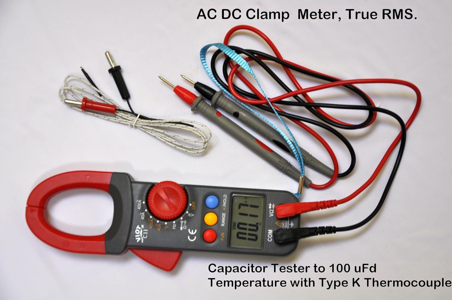 Digital Clamp-on AC/DC True RMS Ammeter Capacitor Tester 100 uF+Type K  Thermocouple Data Hold Back Light Professional HVAC Electrian Repair  Service Tool Set